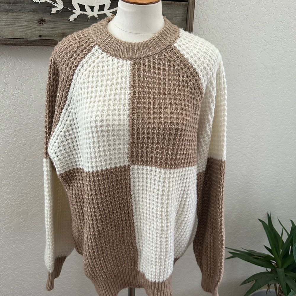Mango MNG Tan and White Checkered Sweater cozy ladies size XL NWT